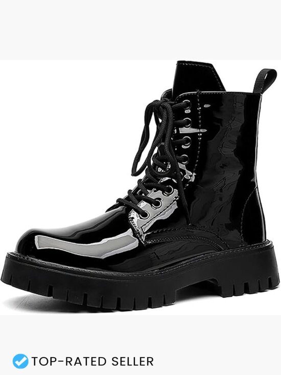 Black Patent Leather Platform Combat Boots Men\'s Chunky Lug Sole Lace Up Side main image 7